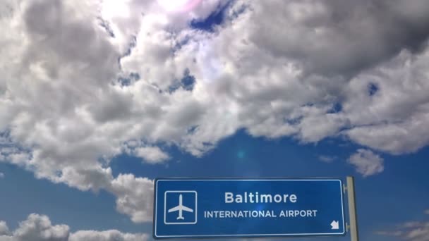 喷气式飞机在美国马里兰州巴尔的摩着陆 城市到达与机场方向标志 旅游和运输概念 3D渲染动画 — 图库视频影像