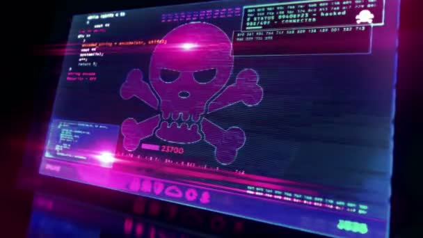 Cyber Attack Varning Med Dödskalle Symbol Datorskärmen Hackning Intrång Säkerhetssystem — Stockvideo