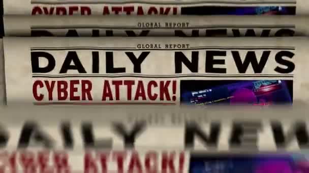 サイバー攻撃速報ニュース 毎日の新聞印刷 ヴィンテージ紙メディアでの危険警告は 生産抽象概念を押します レトロスタイル3Dレンダリングアニメーション — ストック動画