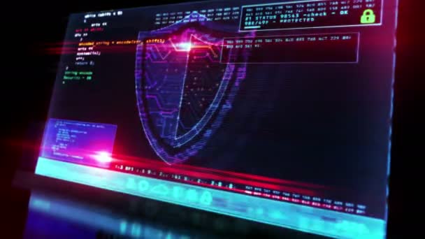 Message de cybersécurité avec symbole de bouclier sur écran d'ordinateur futuriste avec effet de pépin. Sécurité du système, protection de la vie privée, numérique et identité concept sûr animation en boucle 3D et transparente .