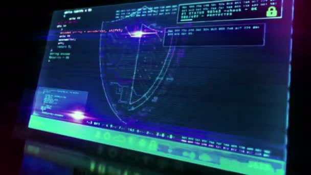 Message de cybersécurité avec symbole de bouclier sur écran d'ordinateur futuriste avec effet de pépin. Sécurité du système, protection de la vie privée, numérique et identité concept sûr animation en boucle 3D et transparente .