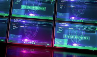 Siber güvenlik mesajı, gelecekteki bilgisayar ekranında arıza efektli kalkan sembolü var. Sistem güvenliği, gizlilik koruması, dijital ve kimlik korumalı konsept 3D illüstrasyon.