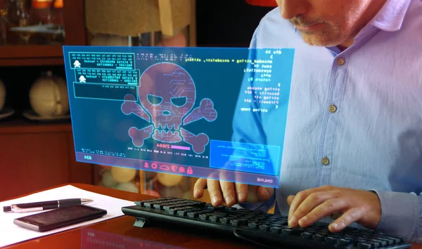 Hacker Escribiendo Teclado Rompe Seguridad Informática Pantalla Del Holograma Virtual —  Fotos de Stock