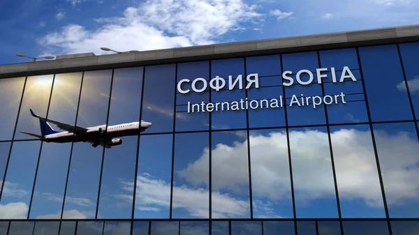 Aviones Reacción Aterrizando Sofía Bulgaria Ilustración Representación Llegada Ciudad Con — Foto de Stock