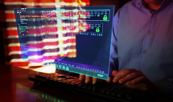 Hombre Tecleando Teclado Computadora Con Pantalla Holográfica Futurista Concepto Abstracto — Foto de Stock