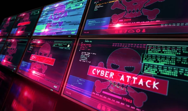 Cyber Angriff Alarmstufe Rot Mit Totenkopf Symbol Auf Dem Computerbildschirm — Stockfoto