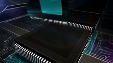 5G, fütüristik teknoloji ve iot. Telefon kablosuz iletişim üretim hattı soyut 3D çevrilebilir ve kusursuz animasyon. Mobil ağ sembollerinin lazer yanığı olan işlemci fabrikası.