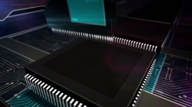 Yenilik fikri, yaratıcı ve modern teknoloji. Fütürist CPU üretim hattı soyut 3d döngüsel ve kusursuz animasyon. Lazer yanan konsept sembollü işlemci fabrikası.