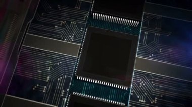 Yapay zeka, sibernetik beyin ve makine öğrenme teknolojisi. CPU üretim hattı soyut 3D çevrilebilir dikişsiz animasyon. Yapay zeka sembollerini lazerle yakan işlemci fabrikası..
