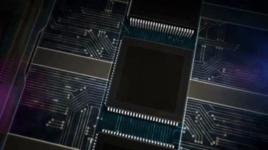 5G, fütüristik teknoloji ve iot. Cep telefonu montaj hattı soyut 3D çevrilebilir ve kusursuz animasyon. Modern iletişim ağı sembollü işlemci fabrikası.