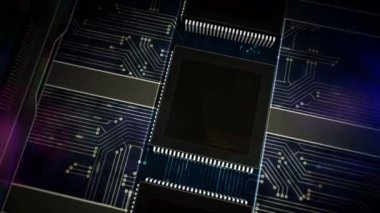 Endüstri 4.0, yenilik ve modern dijital teknoloji. Fütürist konsept CPU üretim hattı soyut 3d döngüsel ve kusursuz animasyon. Sembolleri lazerle yakan işlemci fabrikası.