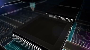 Yapay zeka ve makine öğrenme teknolojisi. AI İşlemci Üretim Hattı soyut 3D Döngüsüz Yapılandırma Animasyonu. Dijital kafa şekilli sembollerin lazer yanığı olan işlemci fabrikası.