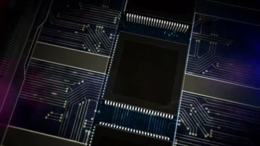 Yapay zeka ve gelecekten öğrenme makinesi. AI İşlemci Üretim Hattı soyut 3D Döngüsüz Yapılandırma Animasyonu. Dijital kafa şekilli sembollerin lazer yanığı olan işlemci fabrikası.