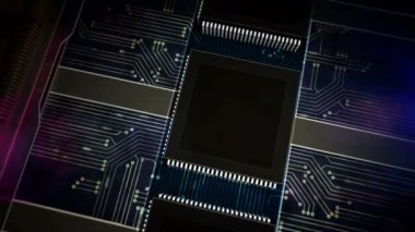 Yenilikçi bir fikir, yaratıcı ve modern dijital teknoloji. Fütürist CPU üretim hattı soyut 3d döngüsel ve kusursuz animasyon. Lazer ampul yakma sembollü işlemci fabrikası.