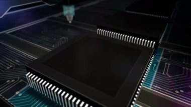Yapay zeka, sibernetik beyin ve makine öğrenme teknolojisi. CPU üretim hattı soyut 3D çevrilebilir dikişsiz animasyon. Yapay zeka sembollerini lazerle yakan işlemci fabrikası..