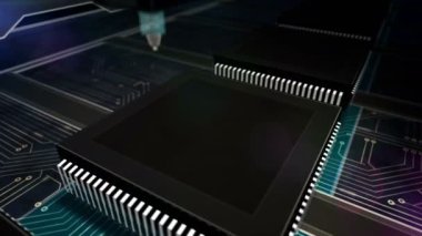 Endüstri 4.0, yenilik ve modern dijital teknoloji. Fütürist konsept CPU üretim hattı soyut 3d döngüsel ve kusursuz animasyon. Sembolleri lazerle yakan işlemci fabrikası.
