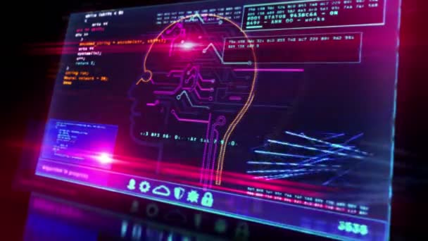 Intelligence artificielle sur écran d'ordinateur. Technologie d'apprentissage automatique profond avec forme de tête cybernétique. Concept d'IA numérique Animation 3D bouclable et transparente avec effet glitch .