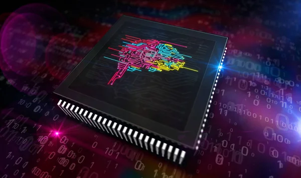Artificial intelligence, cybernetic brain and machine learning technology. CPU production line abstract 3d rendering illustration. Processor factory with laser burning of AI symbols.