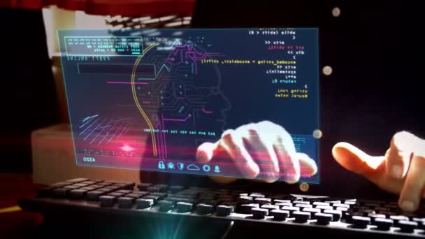 Inteligencia Artificial Cámara Mueve Alrededor Pantalla Hud Hombre Tecleando Teclado — Vídeo de stock