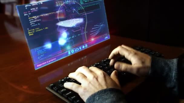 Homem Digitando Teclado Com Inteligência Artificial Tela Holograma Mesa Tecnologia — Vídeo de Stock