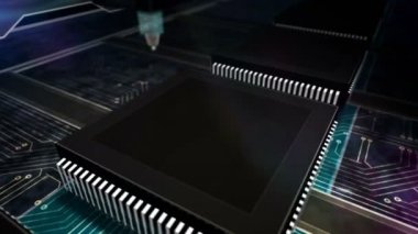 Siber güvenlik. Dijital kalkan, güvenlik duvarı ve bilgisayar koruması. Fütürist konsept CPU üretim hattı soyut 3d döngüsüz dikişsiz animasyon. Lazer yakma sembollü işlemci fabrikası.