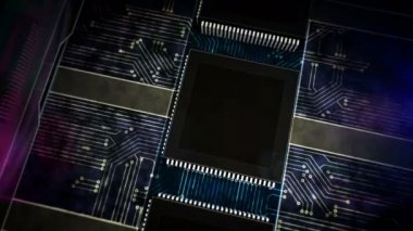 Siber güvenlik. Dijital kalkan, güvenlik duvarı ve bilgisayar koruması. Fütürist konsept CPU üretim hattı soyut 3d döngüsüz dikişsiz animasyon. Lazer yakma sembollü işlemci fabrikası.