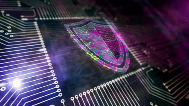 网络安全 数字屏蔽 防火墙和计算机保护技术 未来主义概念3D符号在工作的计算机电路板上飞驰 可浏览和无缝的抽象背景 — 图库视频影像