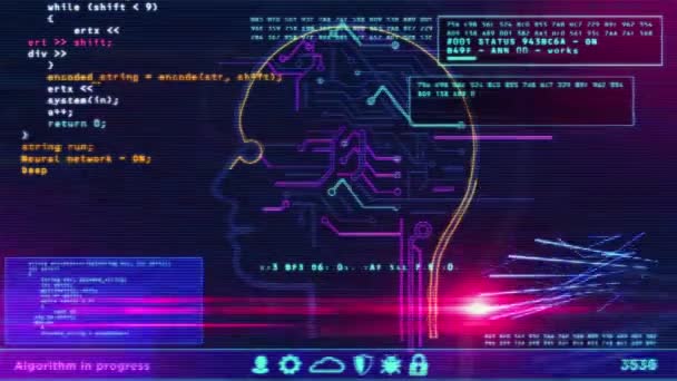 コンピュータ画面上の人工知能 サイバーヘッド形状を持つディープ機械学習技術 グリッチ効果のあるデジタルAiコンセプト3Dアニメーション — ストック動画