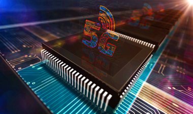 5G, fütüristik teknoloji, modern iletişim ve iot. Cep telefonu ağı prodüksiyon hattı soyut 3D resimleme. 5G sembollü lazer yakma işleme fabrikası.
