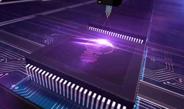革新的なアイデア 創造的かつ現代的なデジタル技術 未来的なシンボル生産ライン抽象3Dレンダリングイラスト 電球のシンボルのレーザー燃焼とプロセッサ工場 — ストック写真