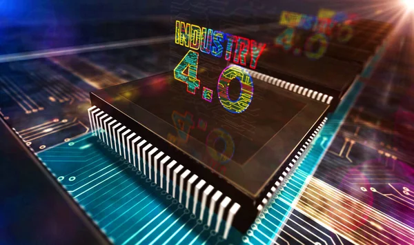 Industry 4.0, innovation and modern digital technology. Futuristic concept CPU production line abstract 3d rendering illustration. Processor factory with laser burning symbols.