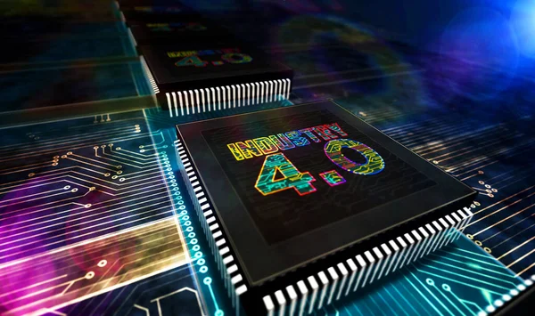 Industry 4.0, innovation and modern digital technology. Futuristic concept CPU production line abstract 3d rendering illustration. Processor factory with laser burning symbols.