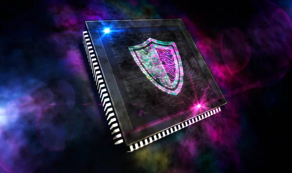 Cyber security. Digital shield, firewall and computer protection technology. Futuristic concept CPU production line abstract 3d rendering illustration. Processor factory with laser burning symbols.