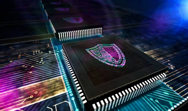 Cyber security. Digital shield, firewall and computer protection technology. Futuristic concept CPU production line abstract 3d rendering illustration. Processor factory with laser burning symbols.