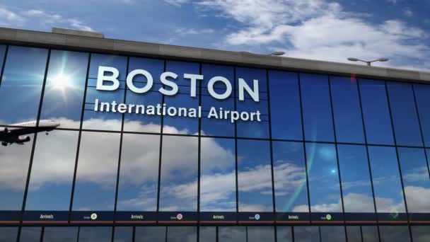 喷气式飞机降落在美国马萨诸塞州波士顿3D渲染动画 带着玻璃机场候机楼和飞机的倒影到达城市 旅游和运输概念 — 图库视频影像