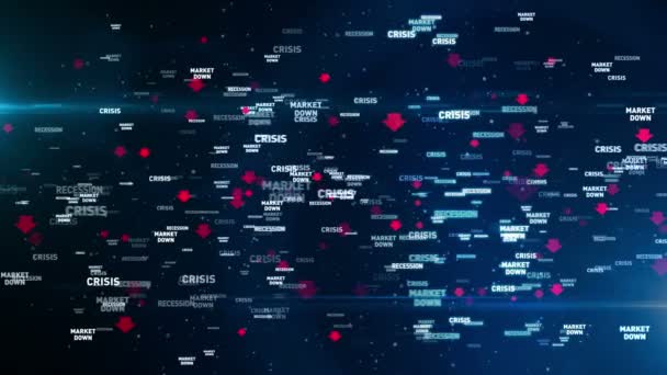 Crise financière, récession mondiale, stimule les marchés vers le bas et l'économie crash icônes volantes loopable et transparente animation 3D. Concept abstrait arrière-plan numérique de la finance et des affaires futures .