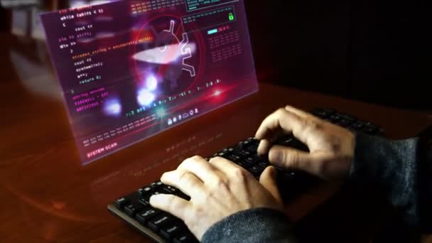Seorang Pria Mengetik Keyboard Dengan Peringatan Virus Layar Hologram Atas — Stok Video