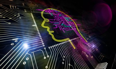 Yapay zeka, siber kafa şekli ve gelecekteki öğrenme makinesi. AI CPU üretim hattı soyut 3D resimleme. Lazer yakma sembollü işlemci fabrikası.