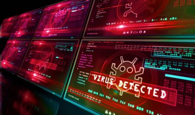 Bilgisayar ekranında virüs alarmı tespit edildi. Solucan sembolü ve sistem koruma konsepti ile siber güvenlik ihlali uyarısı..