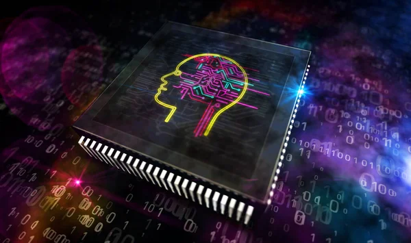 Artificial intelligence, cyber head shape and futuristic learning machine. AI CPU production line abstract 3d rendering illustration. Processor factory with laser burning symbols.