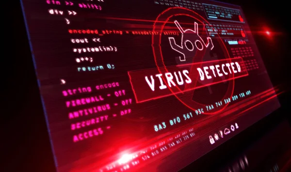 Virus Opdaget Alarm Computerskærmen Cyber Sikkerhedsbrud Advarsel Med Orm Symbol - Stock-foto