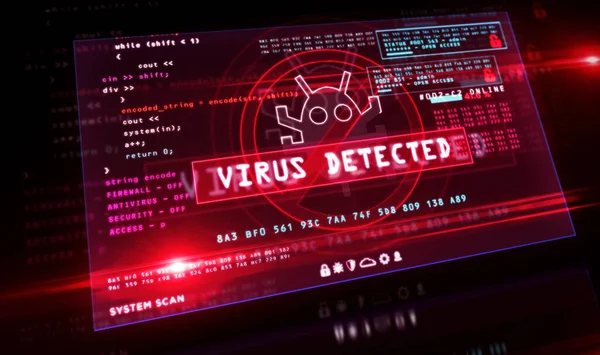 Virus Opdaget Alarm Computerskærmen Cyber Sikkerhedsbrud Advarsel Med Orm Symbol - Stock-foto