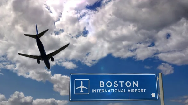 Silueta Avión Aterrizando Boston Massachusetts Llegada Ciudad Con Letrero Dirección — Foto de Stock