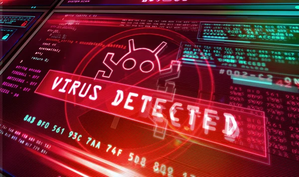 Virus Opdaget Alarm Computerskærmen Cyber Sikkerhedsbrud Advarsel Med Orm Symbol - Stock-foto