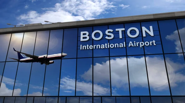 Aviones Reacción Aterrizando Boston Massachusetts Ilustración Representación Llegada Ciudad Con — Foto de Stock
