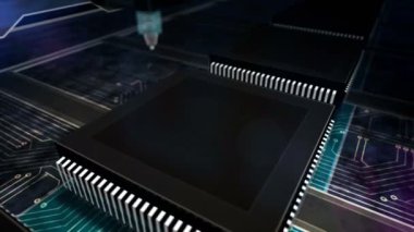 Amerikan malı. Birleşik Devletler 'de endüstri, ihracat, yenilik ve modern teknoloji. İşlemci 3D soyut üretim hattı. Döngüyü değiştirilebilir ve kusursuz animasyon. Lazer yakmalı işlemci fabrikası.
