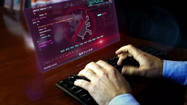 Man Skriver Tangentbordet Med Virusvarning Hologramskärmen Skrivbordet Cyber Säkerhetsbrott Varning — Stockvideo