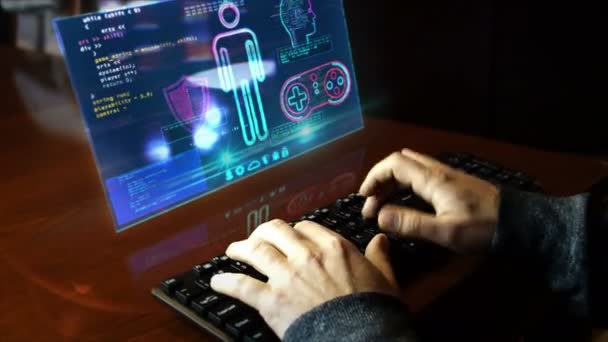 Hombre Escribiendo Teclado Con Crear Codificar Nuevo Juego Pantalla Del — Vídeos de Stock