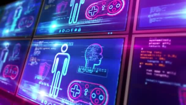 Créer et coder un nouveau jeu sur les écrans mobiles de l'ordinateur. Cyber jeu vidéo, esport numérique et concept de jeu d'ordinateur Animation 3D en boucle et transparente avec effet de bug .