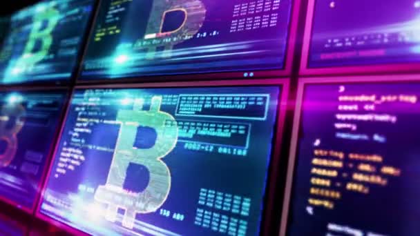 Mineração Bitcoin Telas Computador Movimento Criptomoeda Digital Dinheiro Cibernético Conceito — Vídeo de Stock